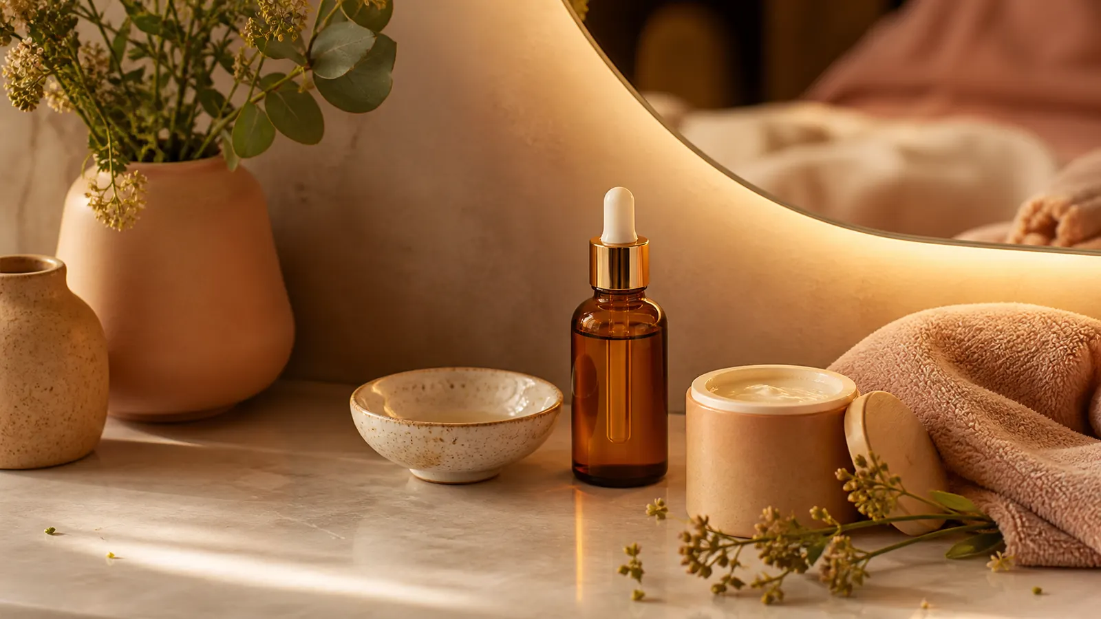 Serum, Schale und Handtuch für eine Gesichtsbehandlung